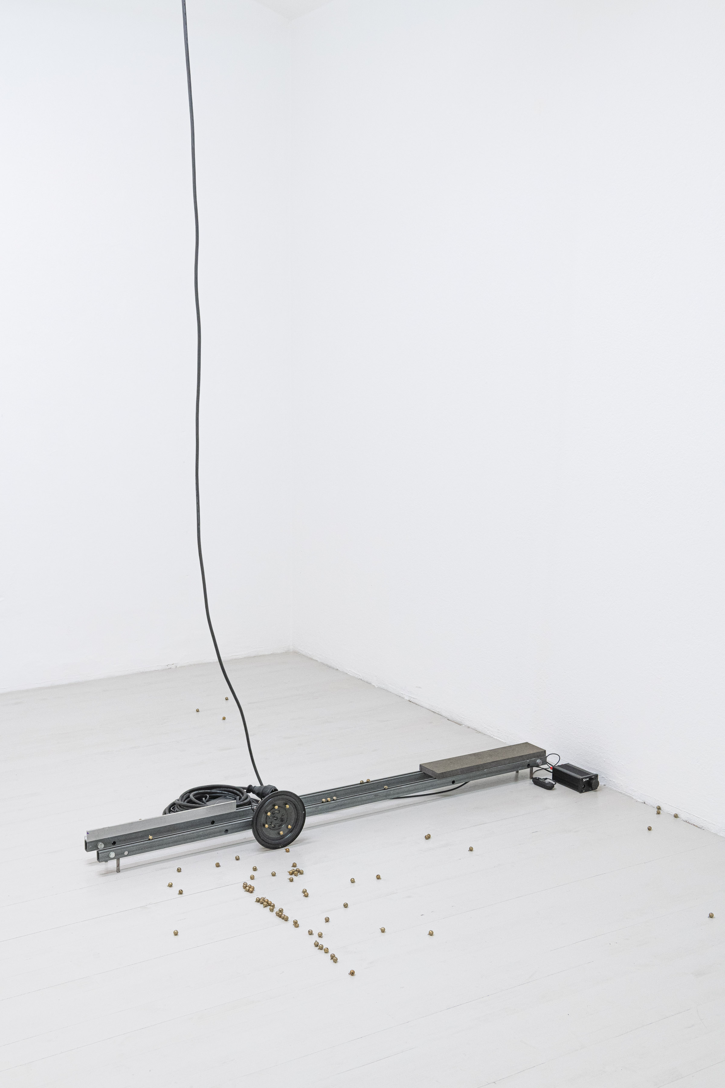 Julian Siffert, 'placeholder (o o o o o)', Steel, Aluminum, MDF, Bells, Loudspeaker, MP3 Player, Amplifier, 151 x 17 x 16 cm, 2023/25 