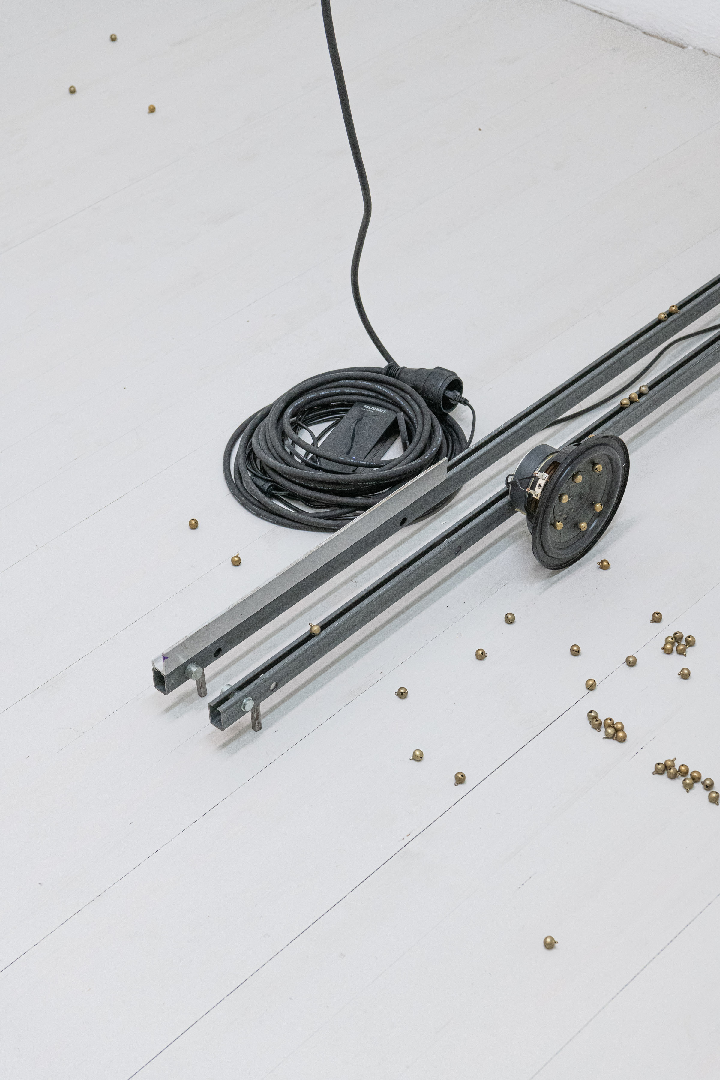 Julian Siffert, 'placeholder (o o o o o)', Steel, Aluminum, MDF, Bells, Loudspeaker, MP3 Player, Amplifier, 151 x 17 x 16 cm, 2023/25 